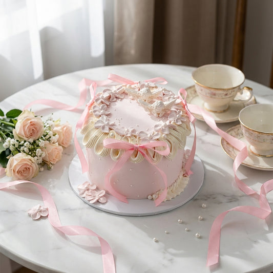 Angel Wings Ribbon Chiffon Cake - delicate blossoms and pearls