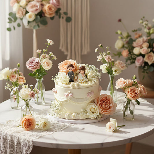 Elegant Wedding Chiffon Cake – Romantic Floral Bride & Groom Design