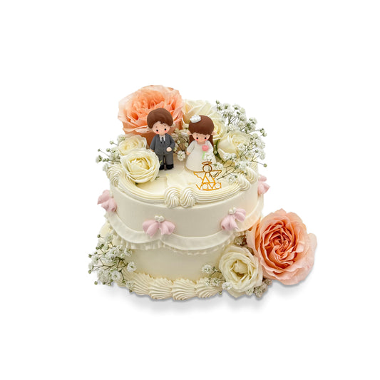 Elegant Wedding Chiffon Cake – Romantic Floral Bride & Groom Design