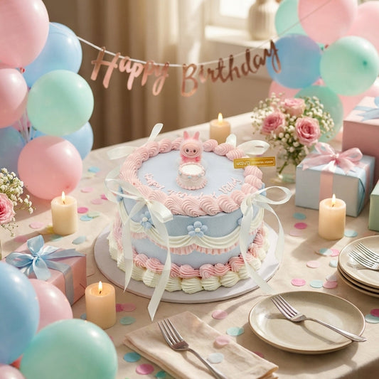 Pastel labubu Ribbon Chiffon Cake – Sweet Bow & Bloom Delight
