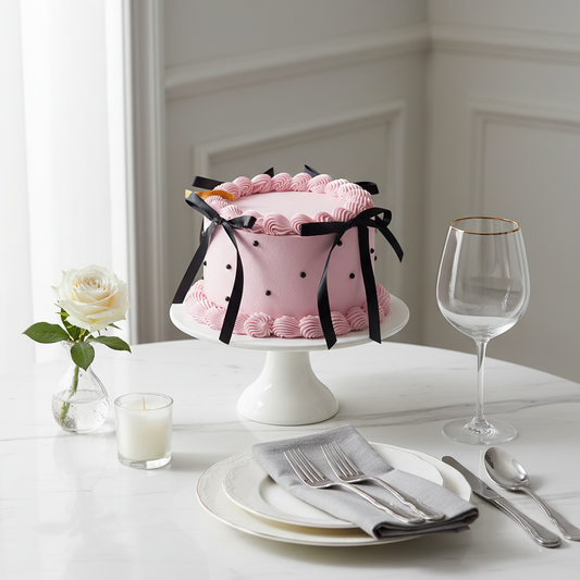 Pink Ribbon Elegance Cake – Chic Chiffon Cake with Black Bow Accents