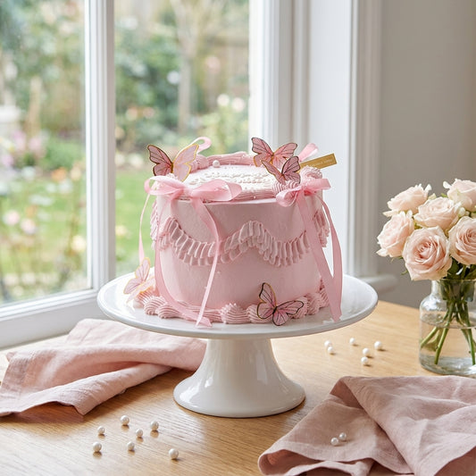 Pink Butterfly Ribbon Chiffon Birthday Cake - Soft, Romantic & Picture-perfect