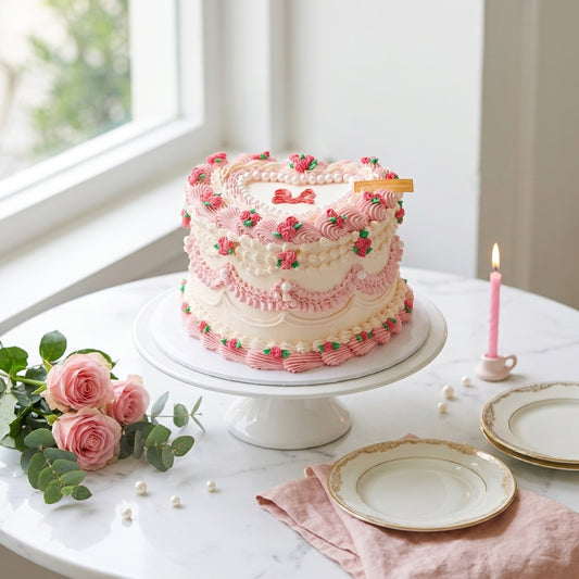 Vintage Pink Heart Chiffon Cake - Romantic & Charming