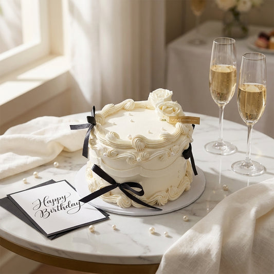 Black Bow Elegance Chiffon Cake – White Rose & Pearls