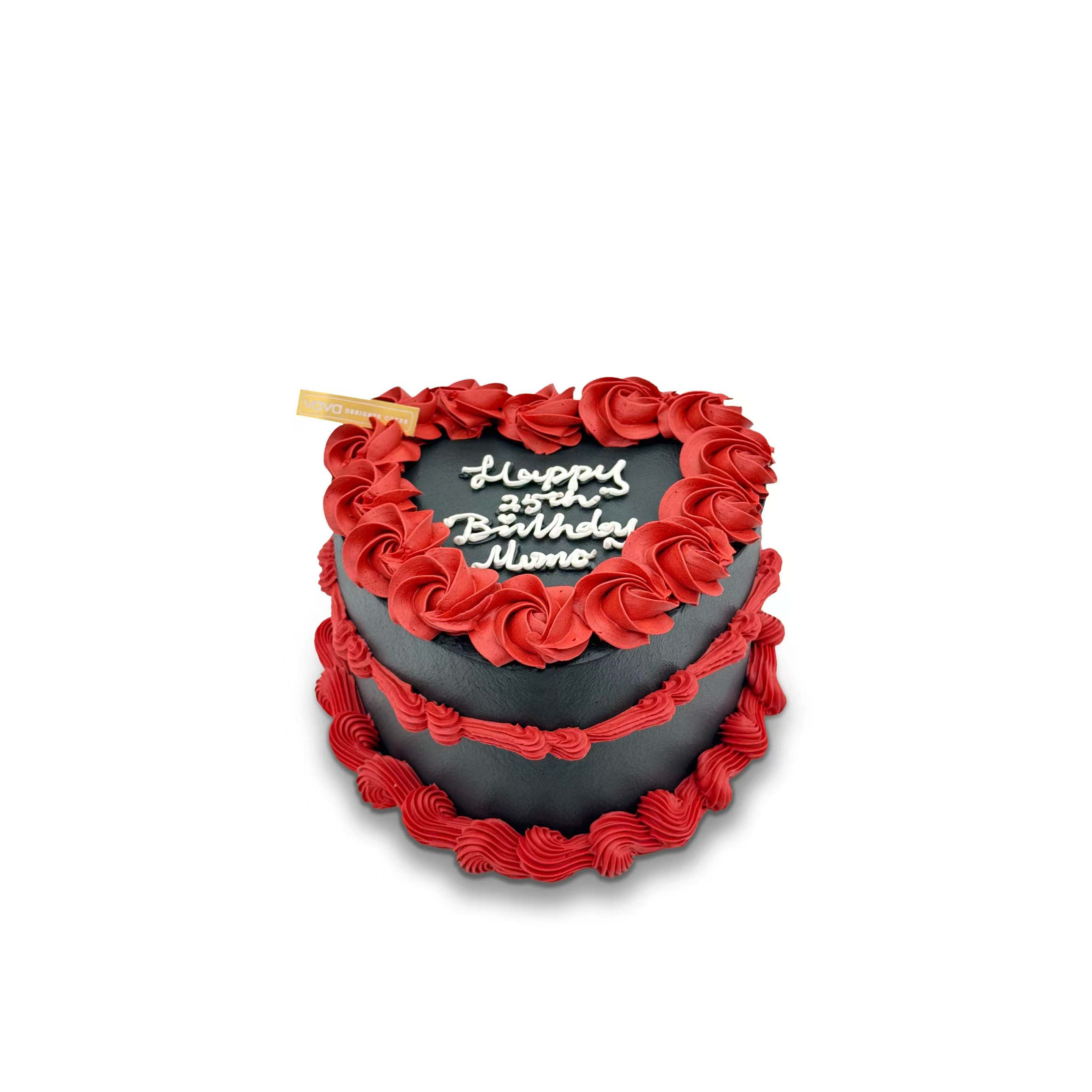 Black Heart Message Chiffon Cake – Red Rosette Border – VaVa Designer Cakes